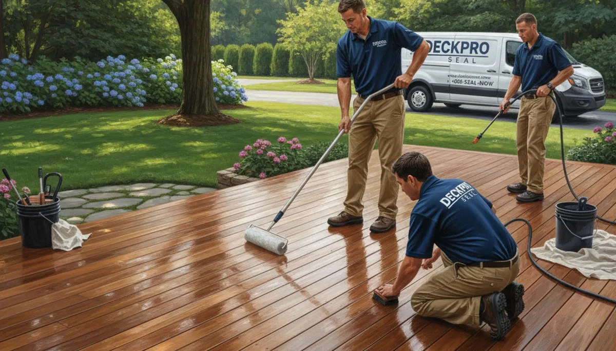Atlanta painters applying deck sealing to protect wood from moisture in Atlanta, GA